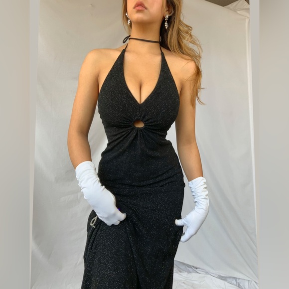 Black vintage y2k goth glitter halter prom dress gown with fishtail train - Picture 5 of 5